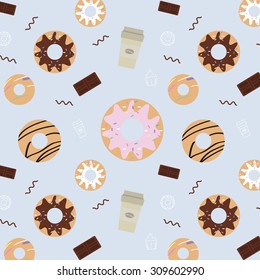 Vector seamless pattern with sweets. Coffee and donuts texture