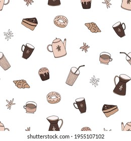 Vector seamless pattern with sweets, cups, teapot. Hand drawn illustration. Food ornament is  perfect for pastry shop design, cafe menu, confectioner label, kitchen wallpaper, fabric textile
