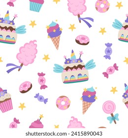 Vector seamless pattern with sweets. Cute rainbow, unicorn themed repeat background with cake, ice cream, lollypop, cotton candy, donuts, cupcakes. Magic fairytale desserts digital paper
