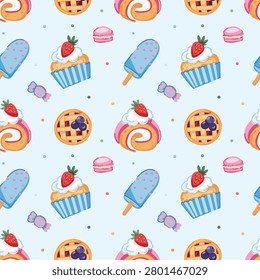 vector seamless pattern of sweets, cute bright wallpaper