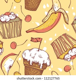 vector   seamless pattern with sweets and fruits