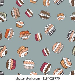 Vector. Seamless pattern with sweets - ice cream, cupcakes isolated on cute gray, white and beige background. Can use for birthday card, the children menu, packaging, textiles, fabrics, wallpaper.