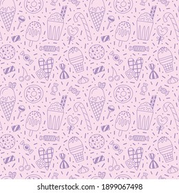Vector seamless pattern with sweets, ice cream, chocolate candy .  Light purple doodle elements on pastel pink background. Sweet and cute pattern for wrapping paper, wrapper, fabric etc.