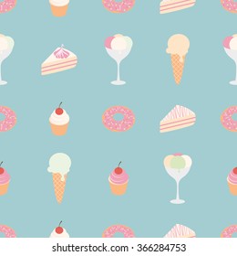 Vector seamless pattern with sweets: ice cream, cake, pie and donut on background. Set of dessert.