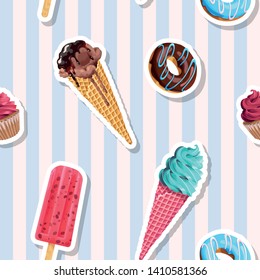 Vector seamless pattern with sweets on striped background