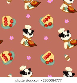 Vector seamless pattern with sweets, pastries and berries. Cakes and biscuits on coasters, cookies with crumbs, croissants, chocolate muffins hand drawn seamless background.
