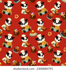 Vector seamless pattern with sweets, pastries and berries. Cakes and biscuits on coasters, cookies with crumbs, croissants, chocolate muffins hand drawn seamless background.