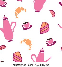 Vector seamless pattern of sweets and tea party. Background for a card or poster for a holiday invitation. Kettle, tea, croissant and pie in hand drawn style isolated on a white background.