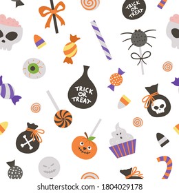 Vector seamless pattern with sweets for trick or treat game. Traditional Halloween party food background. Digital paper with scary lollypops, caramel, candy sticks.
