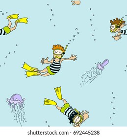 Vector seamless pattern of swimmers, jellyfishes and bubbles