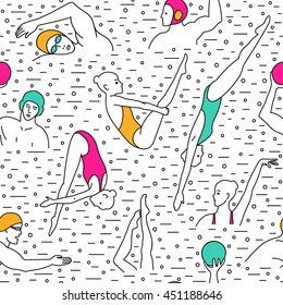 Vector seamless pattern with swimmers, water polo players, divers, synchro-swimmers.  Water sport vector colorful background. EPS 10 illustration isolated. Use for fabric, fills, surface textures.