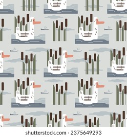 Vector seamless pattern with swimming abstract gooses and reeds. Texture with a  floating funny bird. Nature art wallpaper.