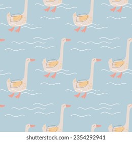 Vector seamless pattern with swimming funny gooses. Texture for kids textile or wrapping paper. Cartoon domestic birds.