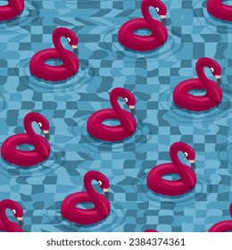 Vector seamless pattern of a swimming pool with rescue inflatable pink rubber flamingos with a black beak. Flat style. Blue water.