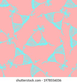 Vector seamless pattern of swimsuit bra color. hand-drawn top of a women's striped swimsuit with a turquoise lace in a doodle style with a pink background for a design template. a symbol of a beach 