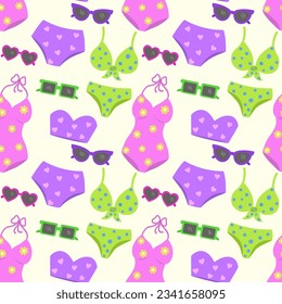 Patrón vectorial sin fisuras con ropa de baño y gafas de sol. El fondo es de moda, con un estilo náutico. Ilustración marina y de verano.