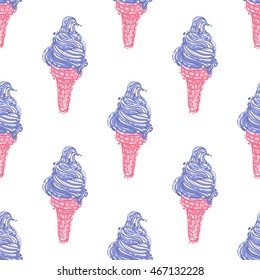 Vector seamless pattern with swirl ice cream cone. Beautiful background for party, greeting paper card or banner. Hand drawn fashion sketch style. Objects on white backdrop.