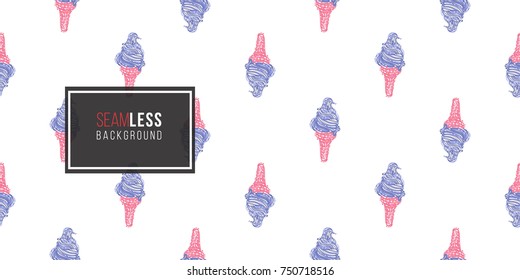 Vector seamless pattern with swirl ice cream cone. Beautiful background for party, greeting paper card or banner. Hand drawn fashion sketch style. Objects on white backdrop.