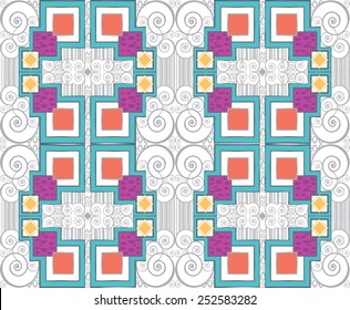 Vector seamless pattern with swirls and colorful geometric shapes in white background. Can be used as background in vintage art deco style.