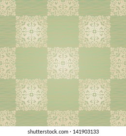 Vector seamless pattern with swirls and floral motifs in retro style.