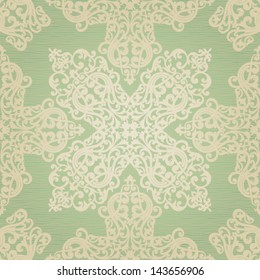 Vector seamless pattern with swirls and floral motifs in retro style. Victorian background of light green color.