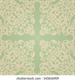 Vector seamless pattern with swirls and floral motifs in retro style. Victorian background of light green color.