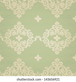 Vector seamless pattern with swirls and floral motifs in retro style. Victorian background of light green color.
