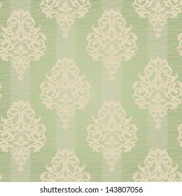 Vector seamless pattern with swirls and floral motifs in retro style. Victorian background of light green color.