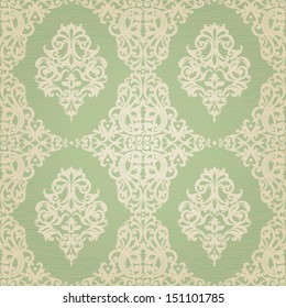 Vector seamless pattern with swirls and floral motifs in retro style. Victorian background of light green color.