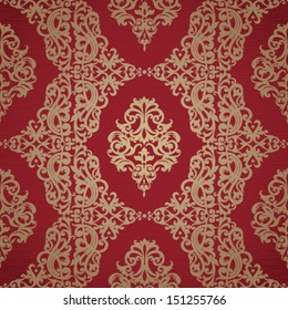 Vector seamless pattern with swirls and floral motifs in retro style. Bright golden background in Victorian style.