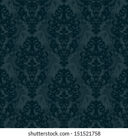 Vector seamless pattern with swirls and floral motifs in retro style. Dark background in Victorian style. It can be used for wallpaper, pattern fills, web page background, surface textures.