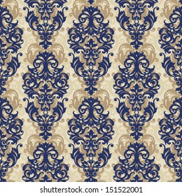 Vector seamless pattern with swirls and floral motifs in retro style. Contrasting  background in Victorian style.