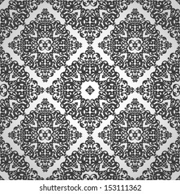 Vector seamless pattern with swirls and floral motifs in retro style. Victorian background of contrast color.