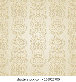 Vector seamless pattern with swirls and floral motifs in retro style. Light scrollwork background. It can be used for wallpaper, pattern fills, web page background, surface textures.