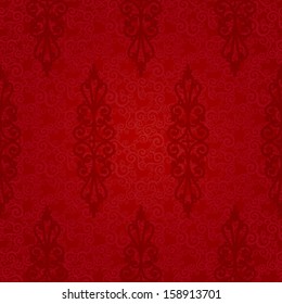 Vector seamless pattern with swirls and floral motifs in retro style. Red background in Victorian style.