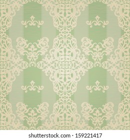 Vector seamless pattern with swirls and floral motifs in retro style. Victorian background of light green color.