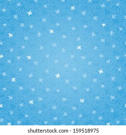 Vector seamless pattern with swirls and floral motifs. Light blue scrollwork background. It can be used for wallpaper, pattern fills, web page background, surface textures.