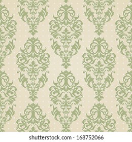 Vector seamless pattern with swirls and floral motifs in retro style. Victorian background of light green color. It can be used for wallpaper, pattern fills, web page background, surface textures.