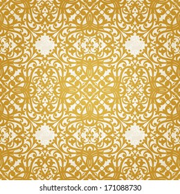 Vector seamless pattern with swirls and floral motifs in retro style. Golden Victorian background. It can be used for wallpaper, pattern fills, web page background, surface textures.