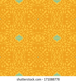 Vector seamless pattern with swirls and floral motifs in retro style. Victorian background of bright modern color. It can be used for wallpaper, pattern fills, web page background, surface textures.