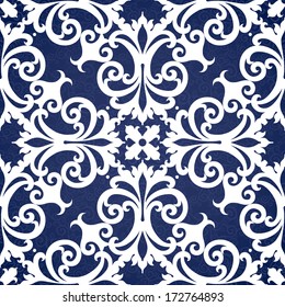 Vector seamless pattern with swirls and floral motifs in retro style. Contrast Victorian background. It can be used for wallpaper, pattern fills, web page background, surface textures.