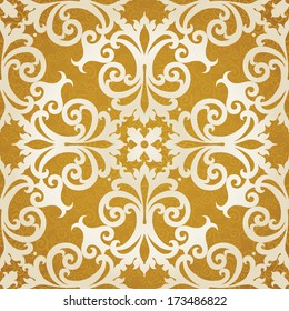 Vector seamless pattern with swirls and floral motifs in retro style. Golden Victorian background. It can be used for wallpaper, pattern fills, web page background, surface textures.