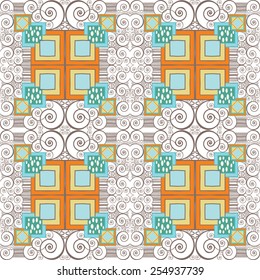 Vector seamless pattern with swirls and geometric shapes. Can be used as background vintage art deco.