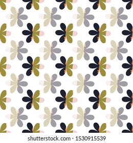 Vector seamless pattern with swirly floral motifs in lozenged layout. Graphic olive, orange, black, pink and white illustration for fashion, home decor, clothing, wallpaper, gift wraps, scrapbooking.