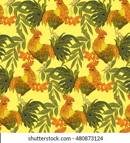 vector seamless pattern with the symbol of 2017 - a rooster. The coming year fiery red rooster. The symbol of the year 2017 on the Chinese calendar