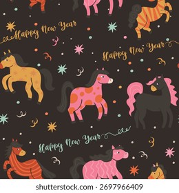 Padrão sem emenda do vetor com o símbolo de 2026, o ano do cavalo de fogo, em um fundo escuro. Perfeito para papel de Natal, tecido e desenhos de presentes