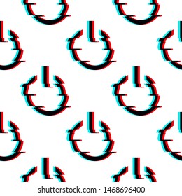 Vector seamless pattern with symbol of button power in glitch style. Geometric glitched Start Icon isolated on white background. Modern digital pixel distorted design. Creative push mark
