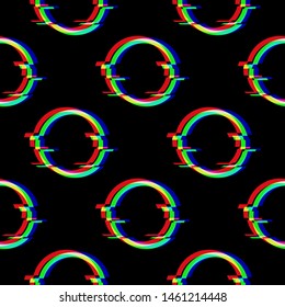 Vector seamless pattern with symbol of circle in glitch style. Round Geometric glitched Icon isolated on black background. Modern digital pixel distorted design. Television video error shape.