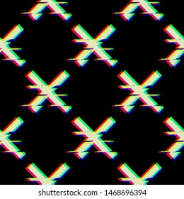 Vector seamless pattern with symbol of cross in glitch style. Geometric glitched Icon isolated on black background. Modern digital pixel distorted design. Television video error shape. Creative mark.