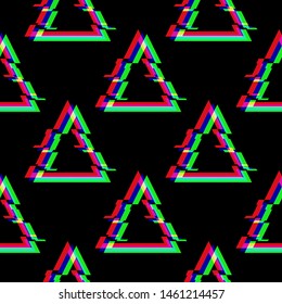Vector seamless pattern with symbol of triangle in glitch style. Geometric glitched Icon isolated on black background. Modern digital pixel distorted design. Television video error shape.